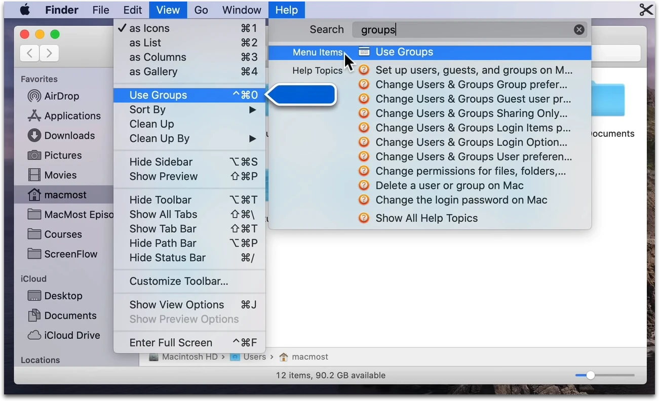 A screenshot of macOS' Finder application. "group" is searched in the menu bar. The first result, "Use Groups", is highlighted. The "View" menu is also expanded, highlighting the "Use Groups" option inside it.