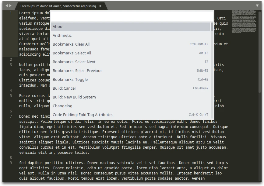 A Sublime Text 3 window, with Lorem Ipsum text in the file. The command palette is open, showing a list of actions and their associated hotkeys.
