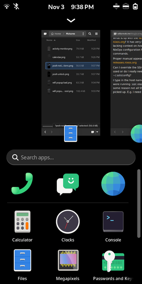 
  The main Phosh app drawer, showing a row of open app windows along the top,
  and a grid of app icons at the bottom, with a search bar in between.

