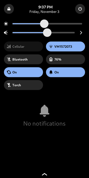 
  A phone notification drawer, from top to bottom, left to right:
  A padlock icon in the top left, the date & time in the center, and a power icon
  in the top right.
  Two horizontal sliders for brightness and volume, the latter has an expansion
  panel.
  A grid of quick settings, including cellular, WiFi, Bluetooth, battery,
  rotation, notifications, and a torch.
