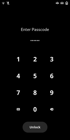 
  A keypad prompting the user to 'Enter Passcode', with a big unlock button at the
  bottom of the screen.
