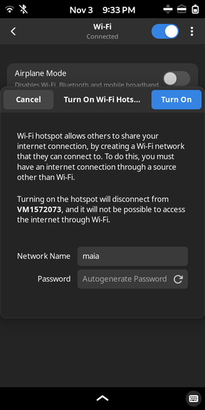 
  A popup on top of the WiFi menu, titled 'Turn On Wi-Fi Hots...'.
  In the top bar there's a cancel button on the left, and 'turn on' button on
  the right.
  The main body is a form allowing you to set a hotspot name and password.
